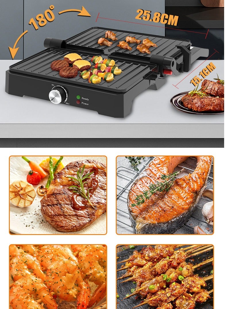 سوكاني شوايه سندوتشات، 1500 واط، مكبس ساندويتش/بانيني غير لاصق، آلة متعددة الوظائف لشرائح اللحم، آلة ساندويتش إفطار، فتحة 90-180 درجة، مثالية لشواء الساندويتشات وشرائح اللحم والبرجر، SK-08026، أسود/فضي - Image 5