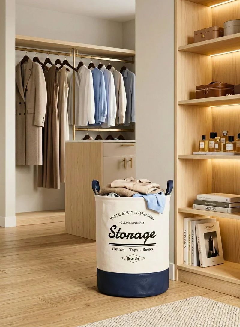 1Chase White/Blue Foldable Round Laundry Basket 60L with Leather Base – Fabric Storage Hamper with Handles (White/Blue)  | Best Price UAE