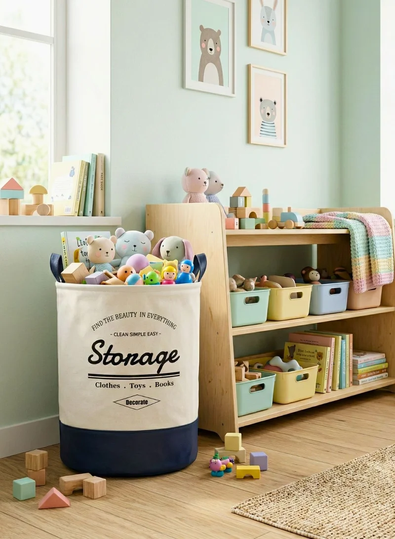 1Chase White/Blue Foldable Round Laundry Basket 60L with Leather Base – Fabric Storage Hamper with Handles (White/Blue)  | Best Price UAE