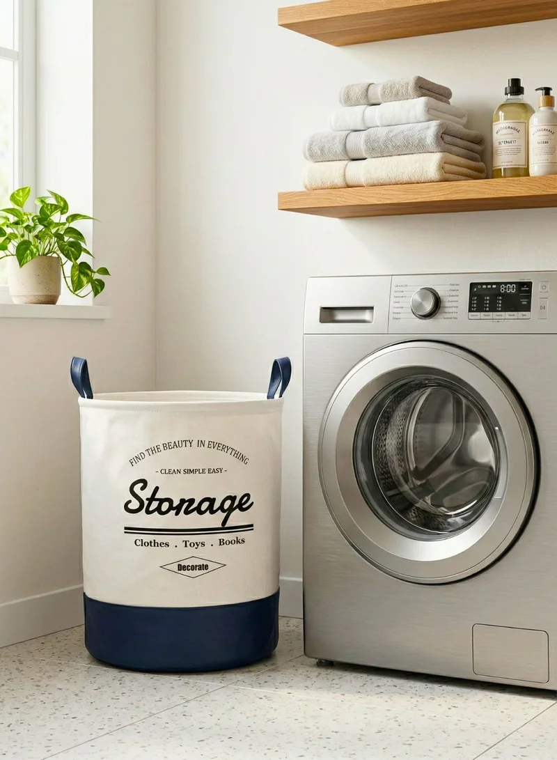 1Chase White/Blue Foldable Round Laundry Basket 60L with Leather Base – Fabric Storage Hamper with Handles (White/Blue)  | Best Price UAE