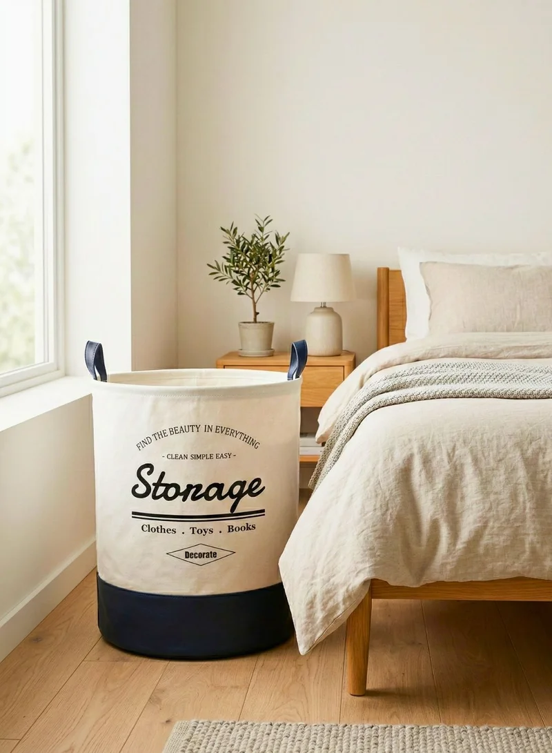 1 تشيس سلة غسيل دائرية قابلة للطي سعة 60 لتر بقاعدة جلدية - سلة تخزين قماشية بمقابض (أبيض/أزرق)