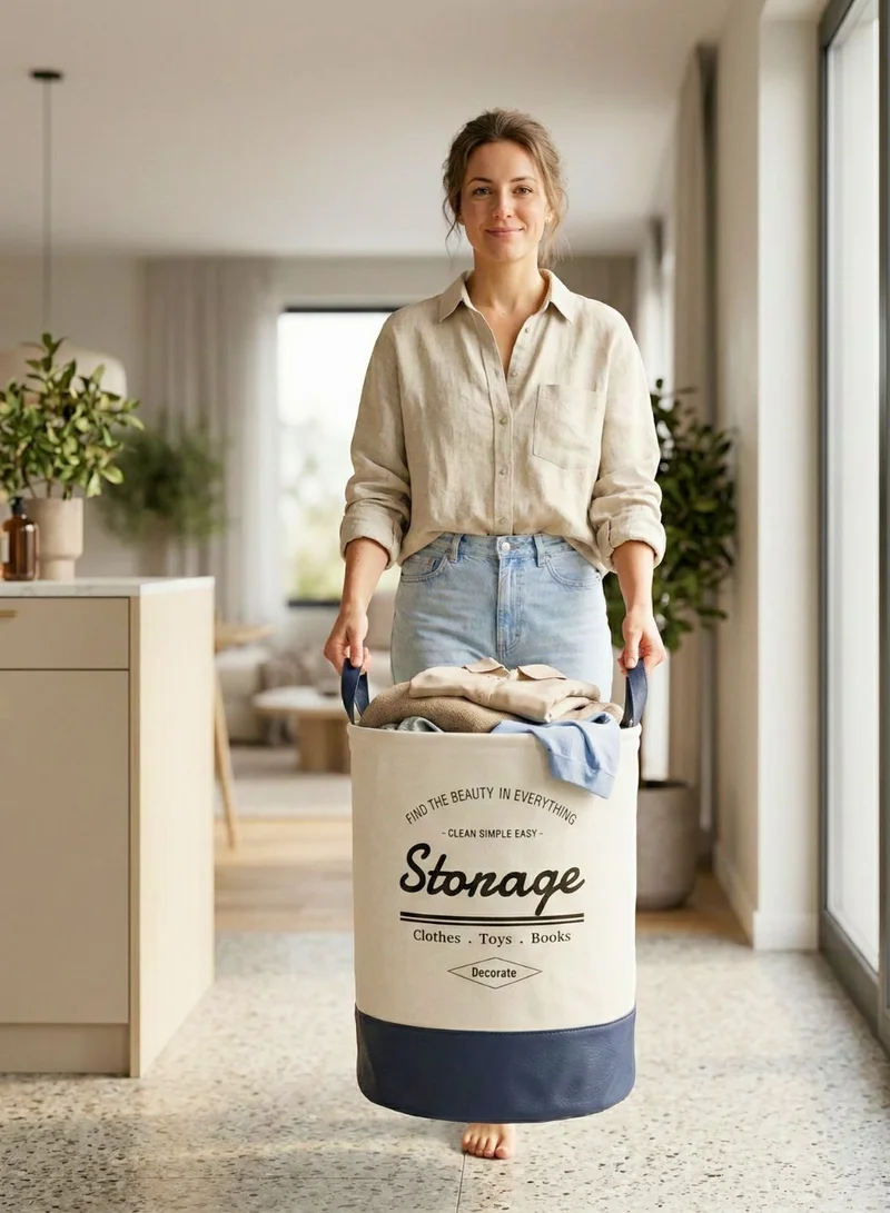 1Chase White/Blue Foldable Round Laundry Basket 60L with Leather Base – Fabric Storage Hamper with Handles (White/Blue)  | Best Price UAE