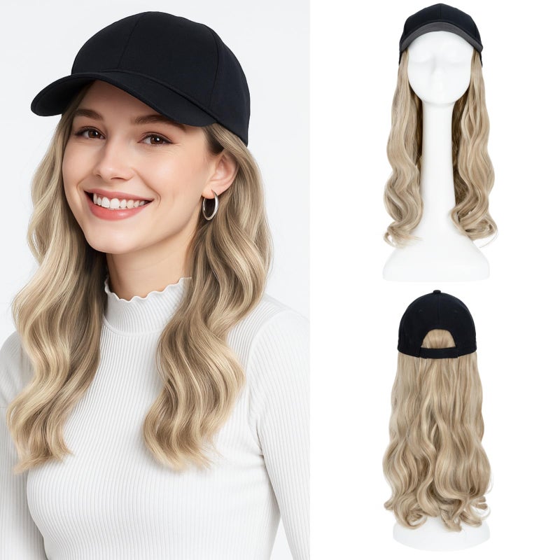 SEGO Hat Wig Hat with Hair Attached for Women Black Baseball Cap with Hair Extensions Long Wavy Baseball Cap Wig Adjustable Hats for Daily Party 16 Inch 16P613 Ash Blonde Mix Bleach Blonde