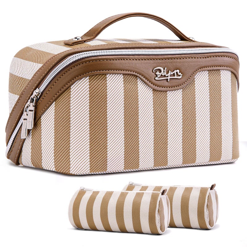 BOYATU Travel Makeup Bag for Women Large Cosmetic Bag Set of 3 PU Leather Make up Bag with Compartments Compact Waterproof Toiletry Bag with Divider Handle B5Brown - Image 2