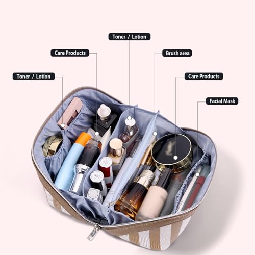 BOYATU Travel Makeup Bag for Women Large Cosmetic Bag Set of 3 PU Leather Make up Bag with Compartments Compact Waterproof Toiletry Bag with Divider Handle B5Brown - Image 3