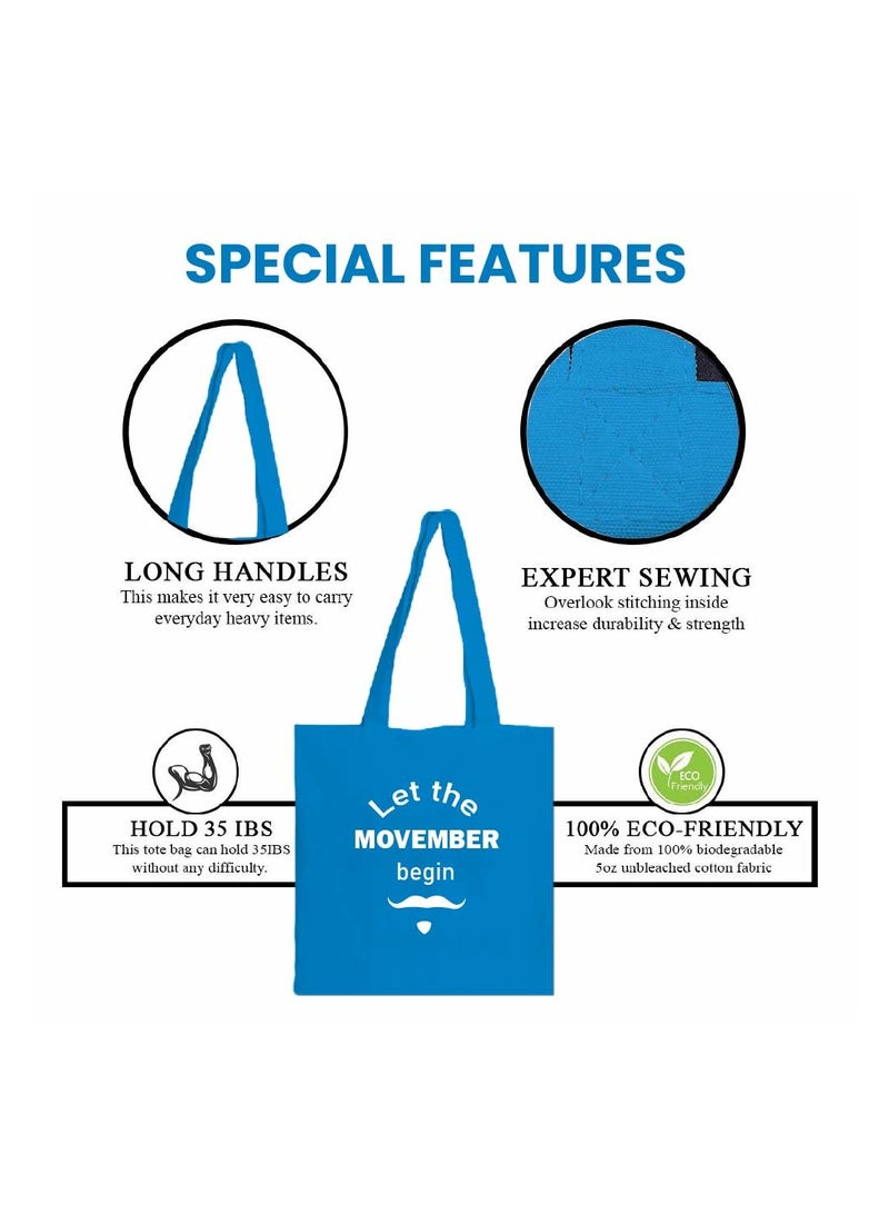 PRINTSHOP4ME Movember Blue Cotton Tote Bag With Mustache Design–Eco-Friendly Reusable Bag For Daily Use–Durable And Lightweight Shoulder Bag–Perfect For Movember Campaigns - Image 2