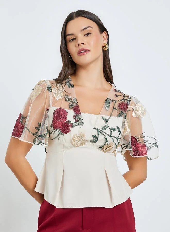 Take Two Women Flower Embroidery Mesh Overlay Top