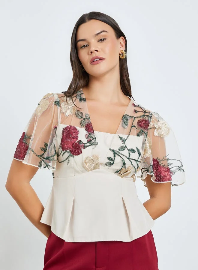 Take Two Women Flower Embroidery Mesh Overlay Top