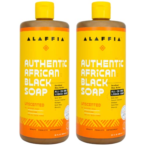 Alaffia Authentic African Black Soap, Unscented, 2-Pack â€“ All-in-One Moisturizing Cleanser for Face, Hands, Body & Hair, 32 Oz Ea - Image 1