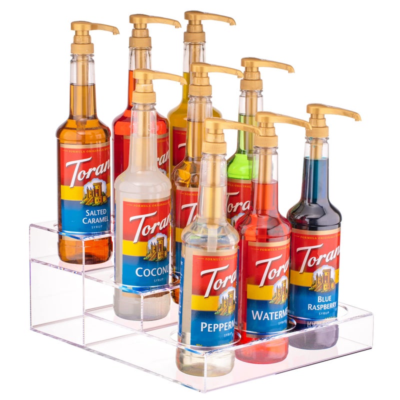 Srenta Acrylic Coffee Syrup Organizer Rack  9 Bottle 3 Tier Rack  Bar CounterTop Display Stand  Kitchen Pantry Fridge Storage Organizer for Syrups Wine Soda Beer 