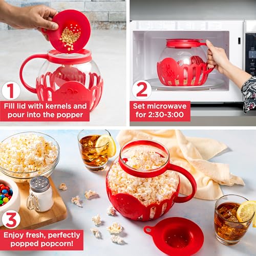 Ecolution Patented Micro-Pop Microwave Popcorn Popper with Temperature Safe Glass, 3-in-1 Lid Measures Kernels and Melts Butter, Made Without BPA, Dishwasher Safe, 3-Quart, Red - Image 2