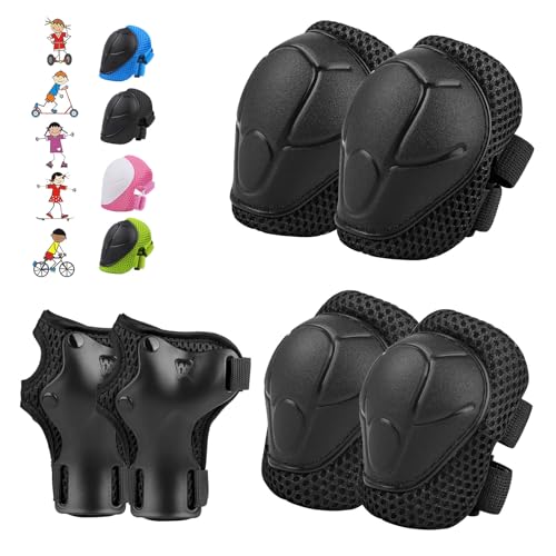 WayEee 6PCS Kids Protective Gear Set, Knee Pads for Kids 3-10 Years Old, Toddler Elbow Pads, Wrist Guards, Skating Cycling Bike Rollerblading Scooter, Upgraded & Durable Material, Boys, Girls,Youth, Black - Image 1