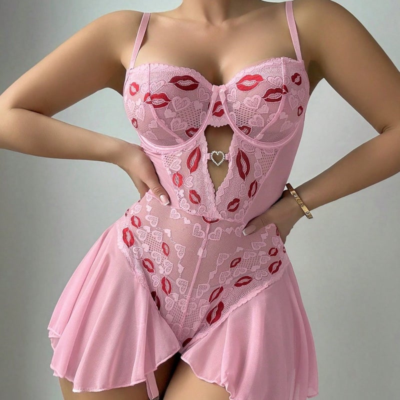 Lace See-Through Red Lip Embroidery Bra and High-Slit Lip Pajamas Set - Image 4