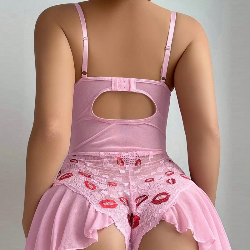 Lace See-Through Red Lip Embroidery Bra and High-Slit Lip Pajamas Set - Image 2