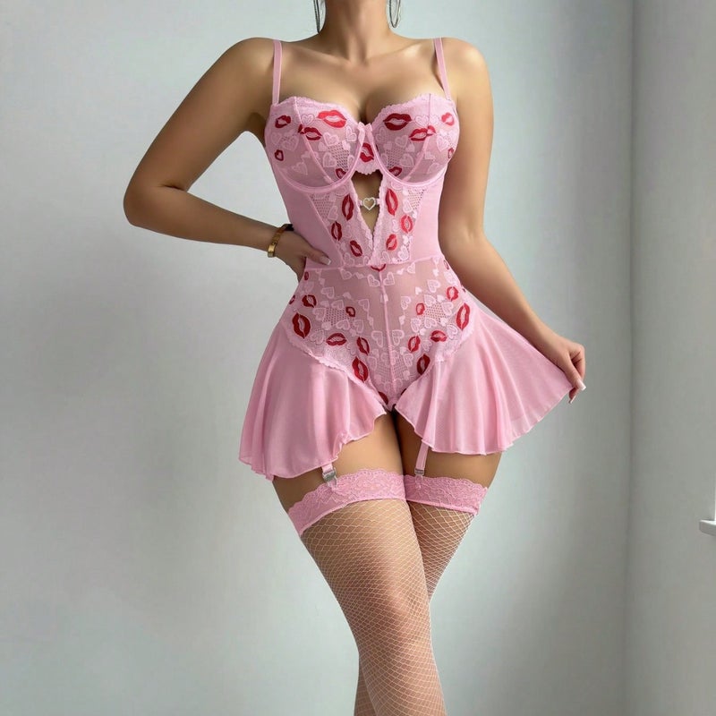 Lace See-Through Red Lip Embroidery Bra and High-Slit Lip Pajamas Set - Image 3