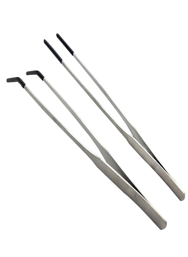 HRASY Stainless Steel Straight and Curved Tweezers Aquarium Tweezers with Rubber Tips Long Handle Reptile Feeding Tongs for Fish Tank Aquatic Plants, 2pcs, 10.6 Inch, Silver - Image 1