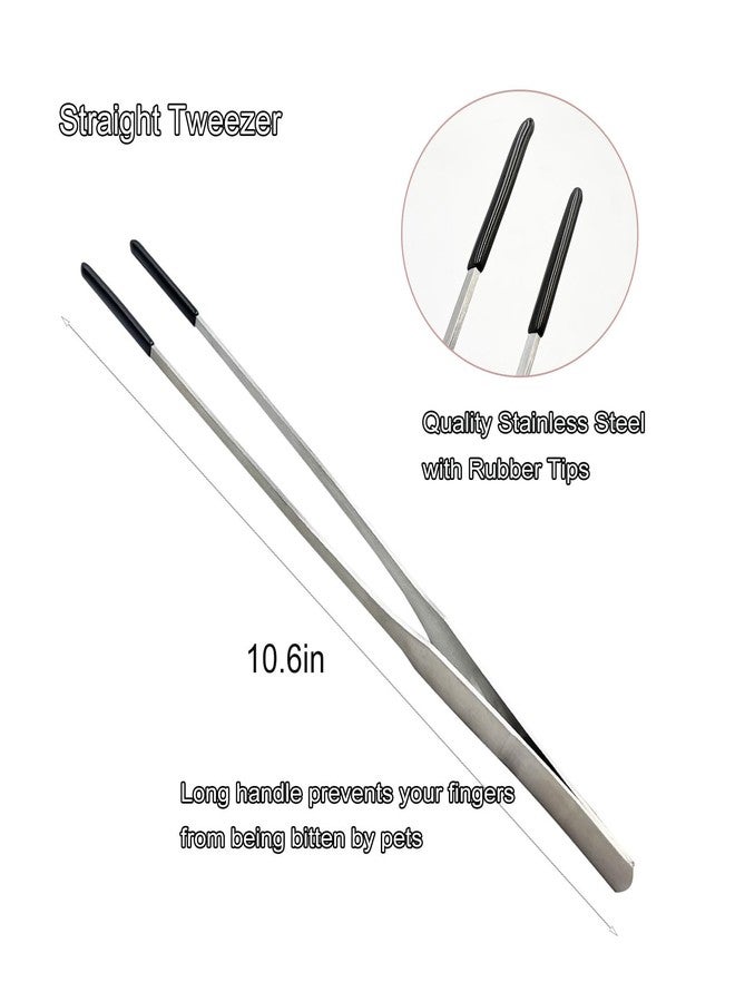 HRASY Stainless Steel Straight and Curved Tweezers Aquarium Tweezers with Rubber Tips Long Handle Reptile Feeding Tongs for Fish Tank Aquatic Plants, 2pcs, 10.6 Inch, Silver - Image 2