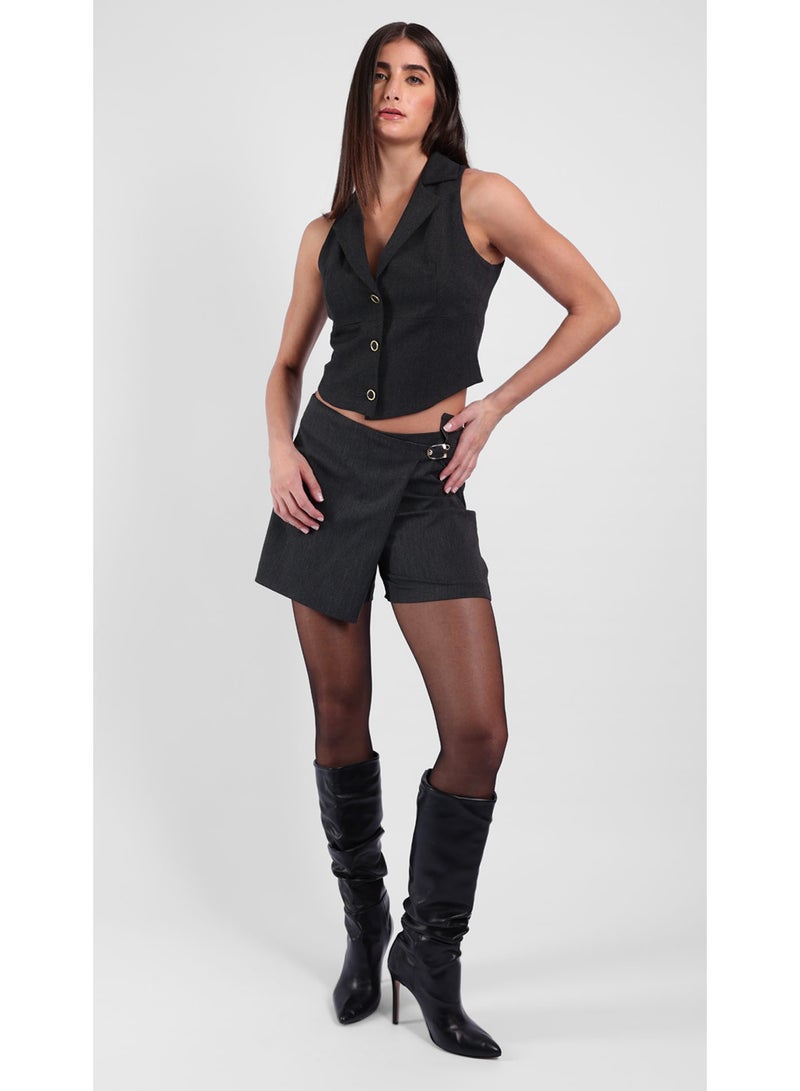 KYVELi Women’s Two-Piece Set – SleevTopeless Buttoned Vest  & Wrap Mini Short with Buckle – Grey - Image 1