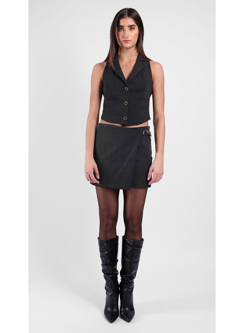 KYVELi Women’s Two-Piece Set – SleevTopeless Buttoned Vest  & Wrap Mini Short with Buckle – Grey - Image 2