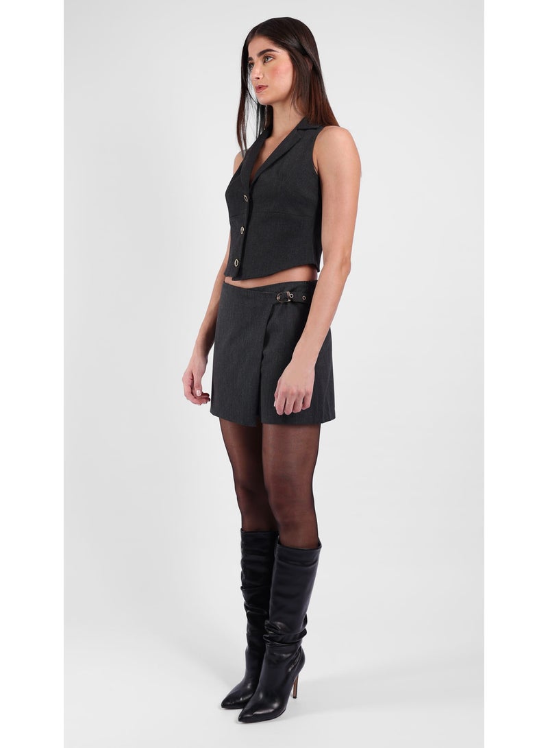 KYVELi Women’s Two-Piece Set – SleevTopeless Buttoned Vest  & Wrap Mini Short with Buckle – Grey - Image 3
