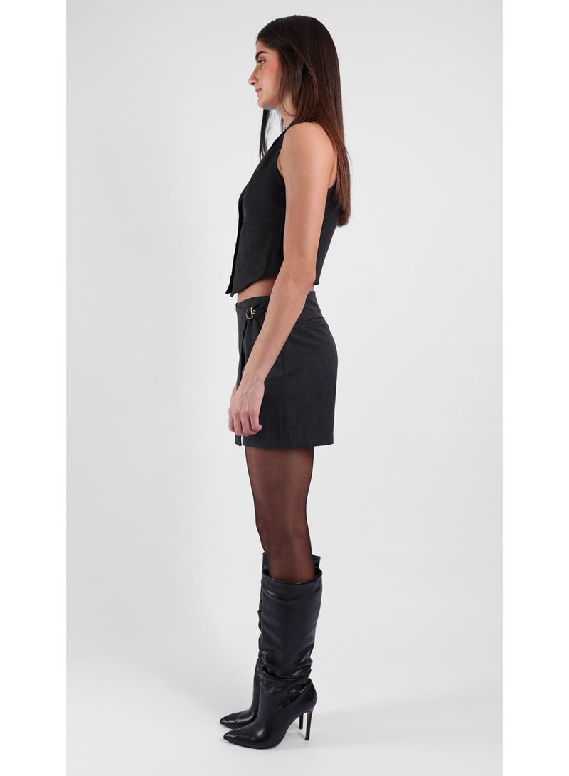 KYVELi Women’s Two-Piece Set – SleevTopeless Buttoned Vest  & Wrap Mini Short with Buckle – Grey - Image 4