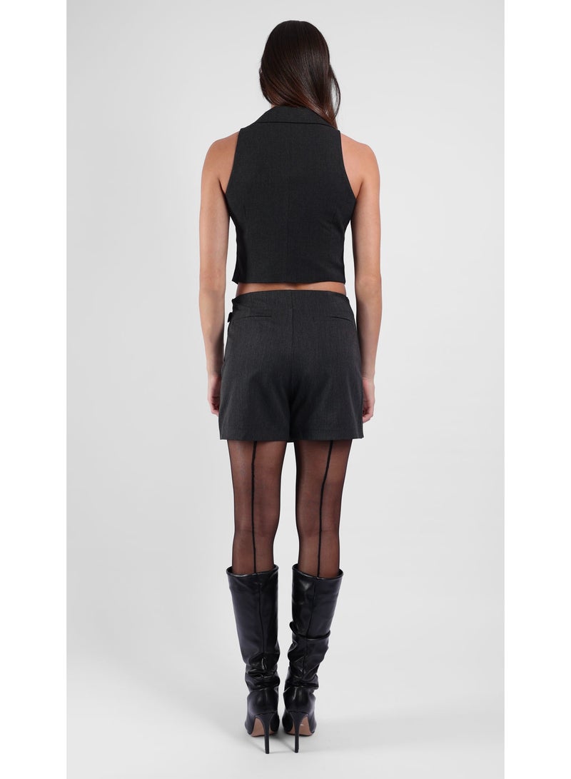 KYVELi Women’s Two-Piece Set – SleevTopeless Buttoned Vest  & Wrap Mini Short with Buckle – Grey - Image 5