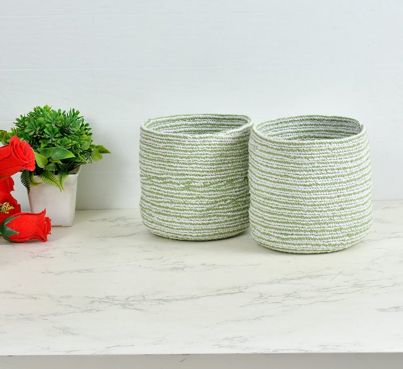 LaVichitra Braided Cotton Baskets | Planter Basket- Set of 2 (6 Inch), Green - Image 1