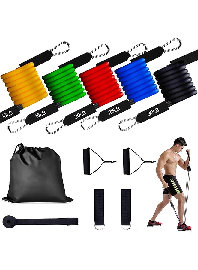 YOMYM Resistance Band Set Includes 5 Stackable Exercise Bands with Handles Carry Bag Ankle Straps and Door Anchor Accessory - Image 1