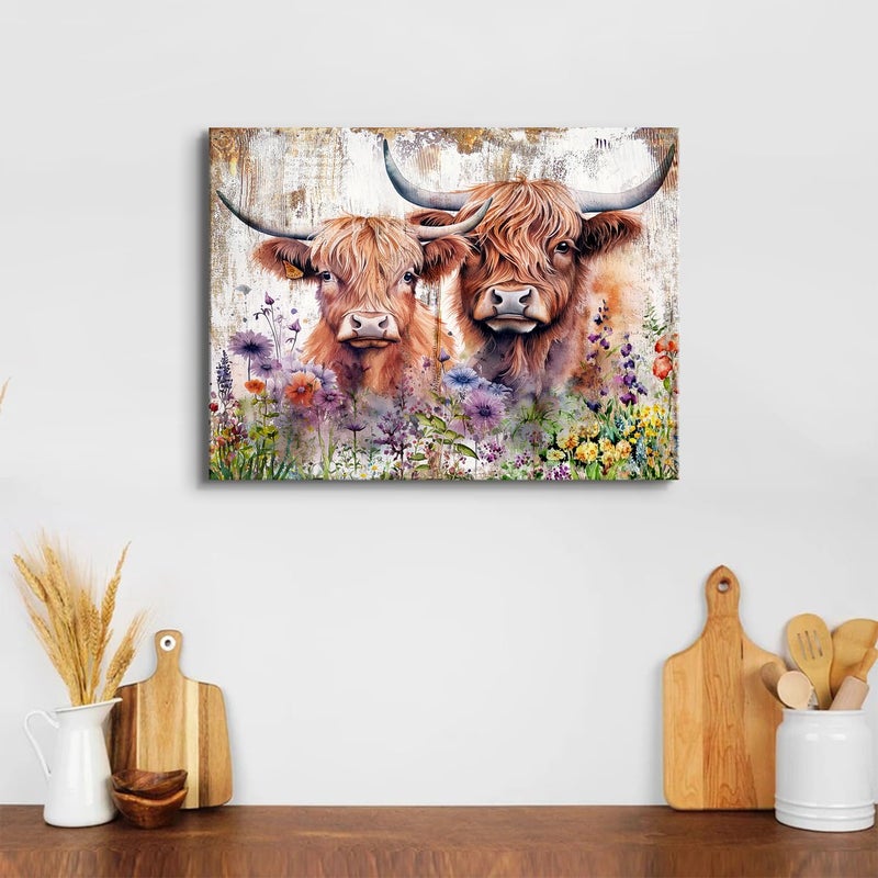 sunfrower Farmhouse Highland Cow Wall Art Rustic Cow Floral Pictures Wall Decor Western Country Cattle Canvas Print Bathroom Painting Watercolor Animal Wildflower Artwork Kitchen Living Room Nursery Home - Image 3