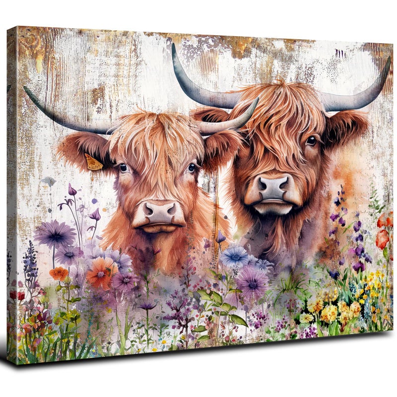 sunfrower Farmhouse Highland Cow Wall Art Rustic Cow Floral Pictures Wall Decor Western Country Cattle Canvas Print Bathroom Painting Watercolor Animal Wildflower Artwork Kitchen Living Room Nursery Home - Image 1