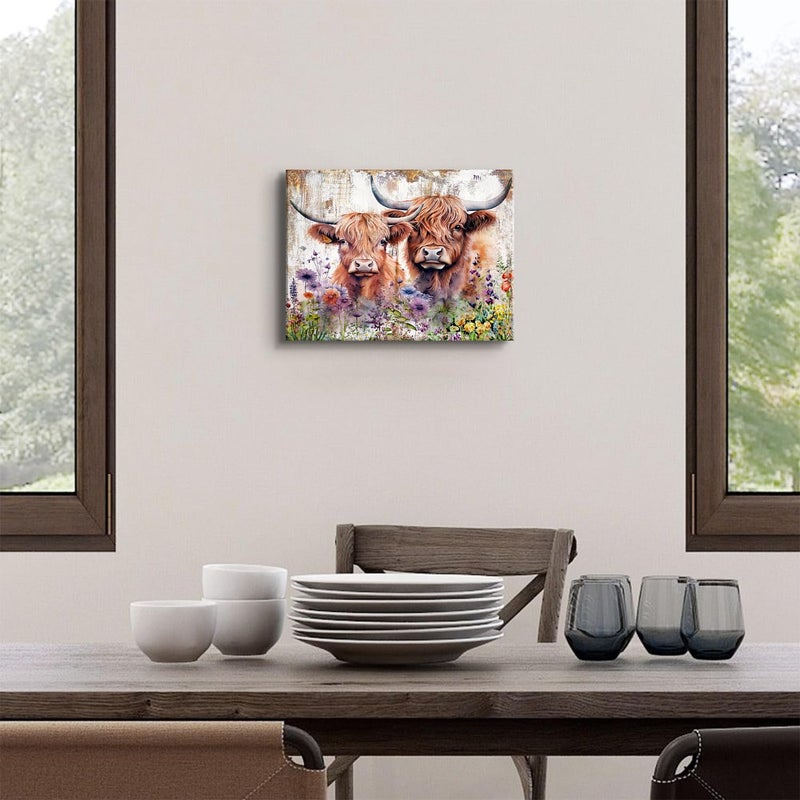 sunfrower Farmhouse Highland Cow Wall Art Rustic Cow Floral Pictures Wall Decor Western Country Cattle Canvas Print Bathroom Painting Watercolor Animal Wildflower Artwork Kitchen Living Room Nursery Home - Image 2