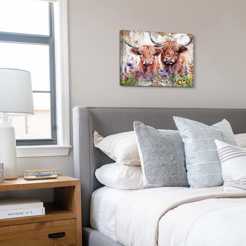 sunfrower Farmhouse Highland Cow Wall Art Rustic Cow Floral Pictures Wall Decor Western Country Cattle Canvas Print Bathroom Painting Watercolor Animal Wildflower Artwork Kitchen Living Room Nursery Home - Image 5