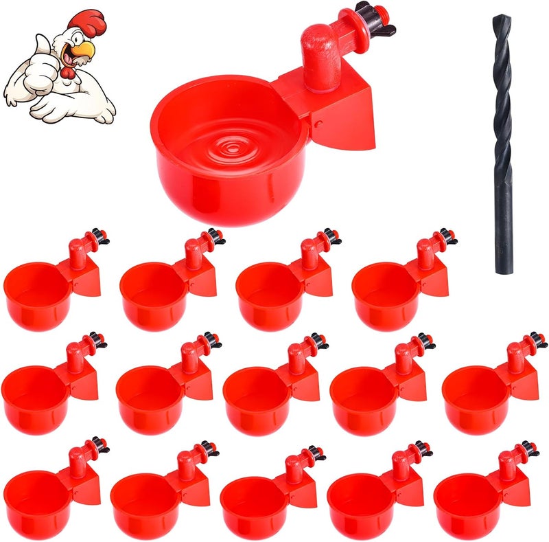 Yrangee Chicken Water Cups, DIY Chicken Water Feeder for Poultry Automatic Chicken Waterer Cups Gravity Filling Poultry Waterer with Hole Saw for Buckets Boxes Troughs (15 Pack) - Image 1