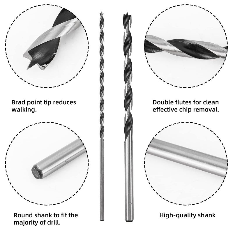 Narwhal Extra Long Brad Point Drill Bit Set for Wood (12 Pack) 12 Inch Length in 1/8", 5/32", 3/16", 1/4", 5/16" 3/8", 7/16", and 1/2" for Precision Splinter Free Drilling - Includes Storage Sleeve - Image 2