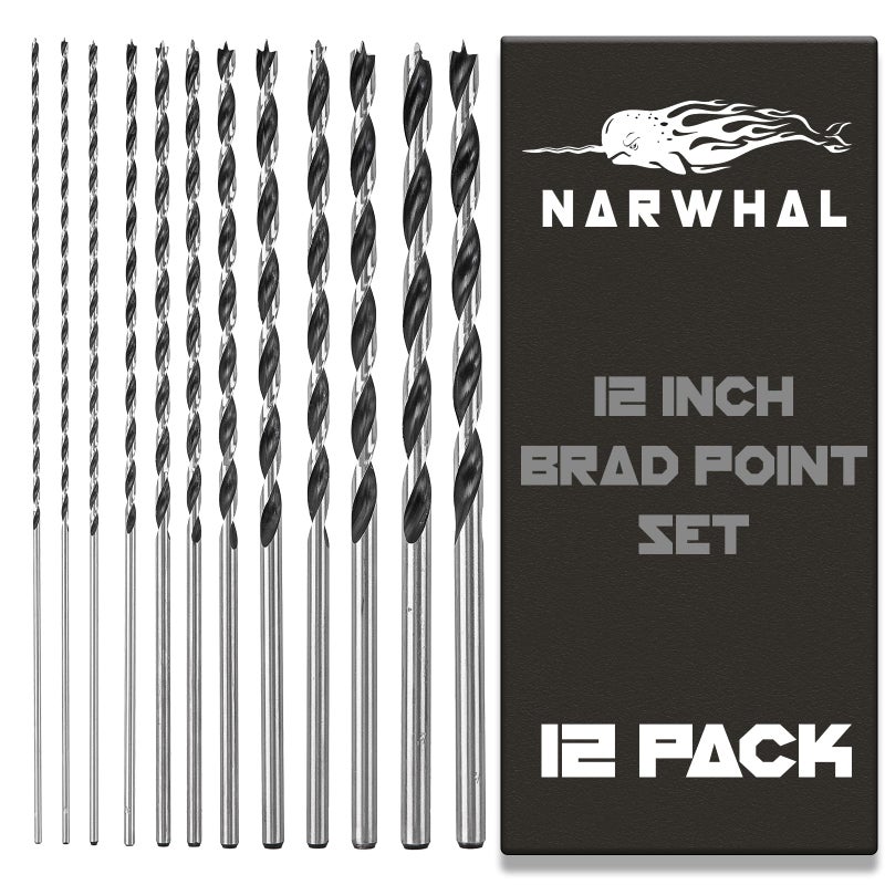 Narwhal Extra Long Brad Point Drill Bit Set for Wood (12 Pack) 12 Inch Length in 1/8", 5/32", 3/16", 1/4", 5/16" 3/8", 7/16", and 1/2" for Precision Splinter Free Drilling - Includes Storage Sleeve - Image 1