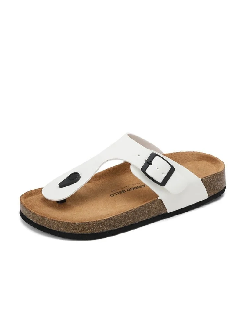ARRIGO BELLO Unisex Leather Thong Flip Flops Cork Footbed Flat Sandals with Memory Foam Arch Support