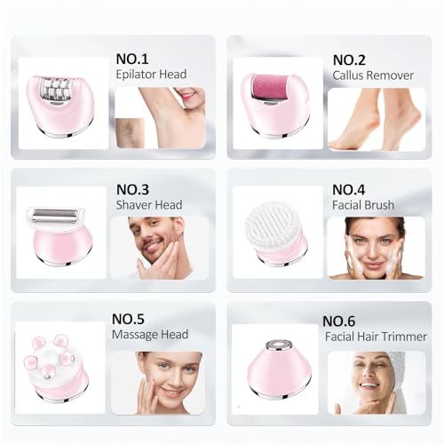 LIHOBI Epilator for Women, 6 in 1 Hair Removal Epilator, Shaver, Face Razor, Facial Brush, Face Massage and Body Exfoliator,IPX7 Waterproof Rechargeable Hair Removal for Women (Pink) - Image 2