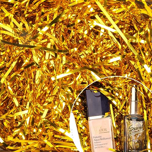 Ottwlli Ottwll 150 Gram Sparkly Iridescent Film PP Hamper Shreds Crinkle Confetti for Gift Wrapping & Basket Filling & Gift Box filler Crinkle Cut Paper Shred Filler Easter Basket Filling-Gold