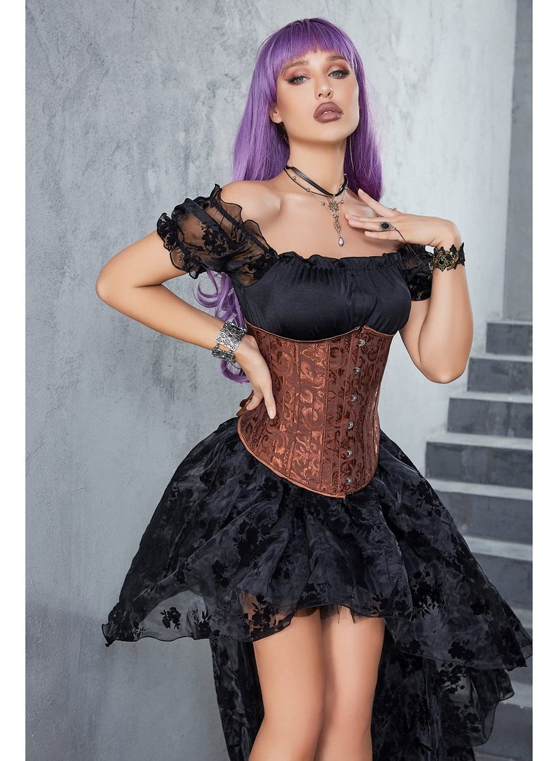 SYOSI Shaper Corsets for Women, Satin Cotton Long Torso Hourglass Body, Bustier Lingerie Top Overbust Corset, Vintage Renaissance Brocade Lace Up Overbust Corset Waist Cincher Shapewear Top(M Size brown) - Image 5