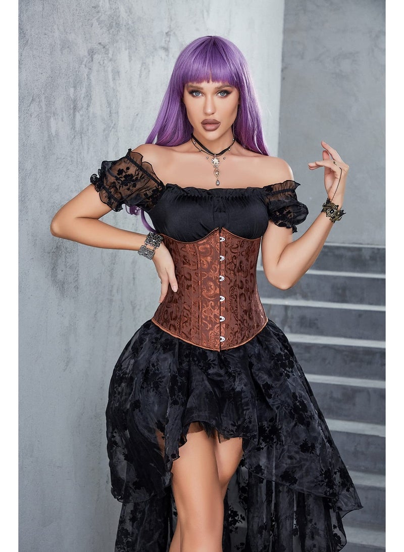 SYOSI Shaper Corsets for Women, Satin Cotton Long Torso Hourglass Body, Bustier Lingerie Top Overbust Corset, Vintage Renaissance Brocade Lace Up Overbust Corset Waist Cincher Shapewear Top(M Size brown) - Image 4