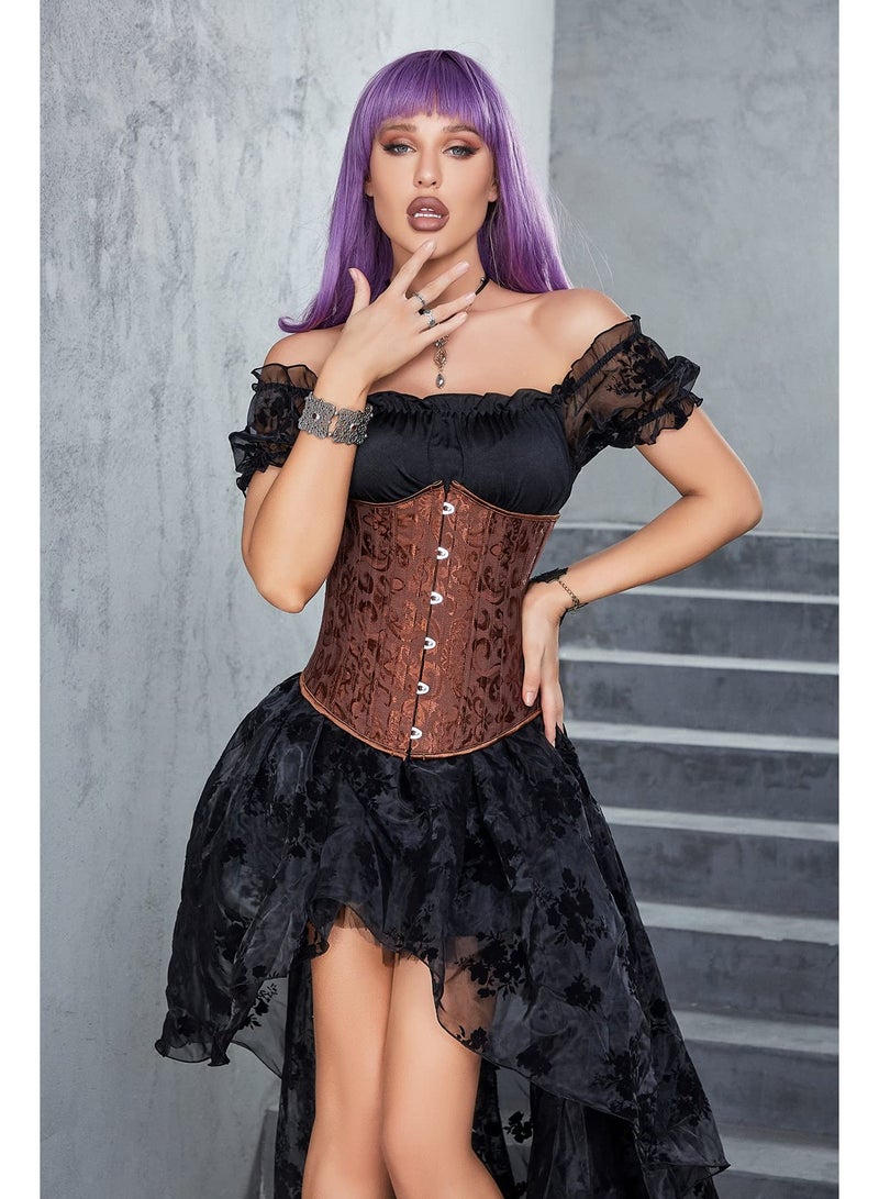 SYOSI Shaper Corsets for Women, Satin Cotton Long Torso Hourglass Body, Bustier Lingerie Top Overbust Corset, Vintage Renaissance Brocade Lace Up Overbust Corset Waist Cincher Shapewear Top(M Size brown) - Image 3