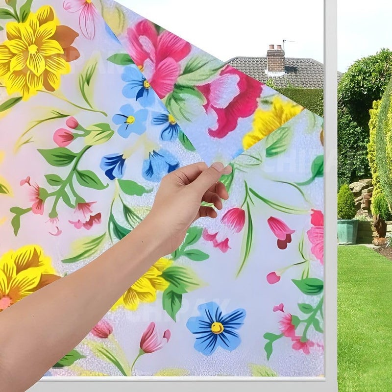CHIPAK Vinyl Frosted Window Self Adhesive Privacy Glass Film for Window Glass Office| Decorative Window Sticker Wallpaper Vinyl Sheet for Glass Door, Bathroom, Home, Window. Peppy Flowers, 24x360 Inch - Image 1