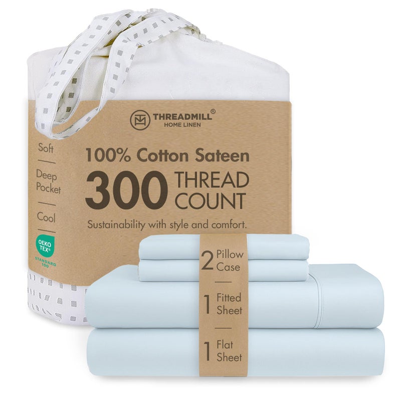 Threadmill Cotton Queen Sheet Set | 100% Cotton Sheets for Queen Size Bed | Solid Sateen Queen Bed Sheets Set with 16â€ Deep Pocket | Soft Breathable 4-Piece Cooling Bedding Sheet Set | Light Blue - Image 1