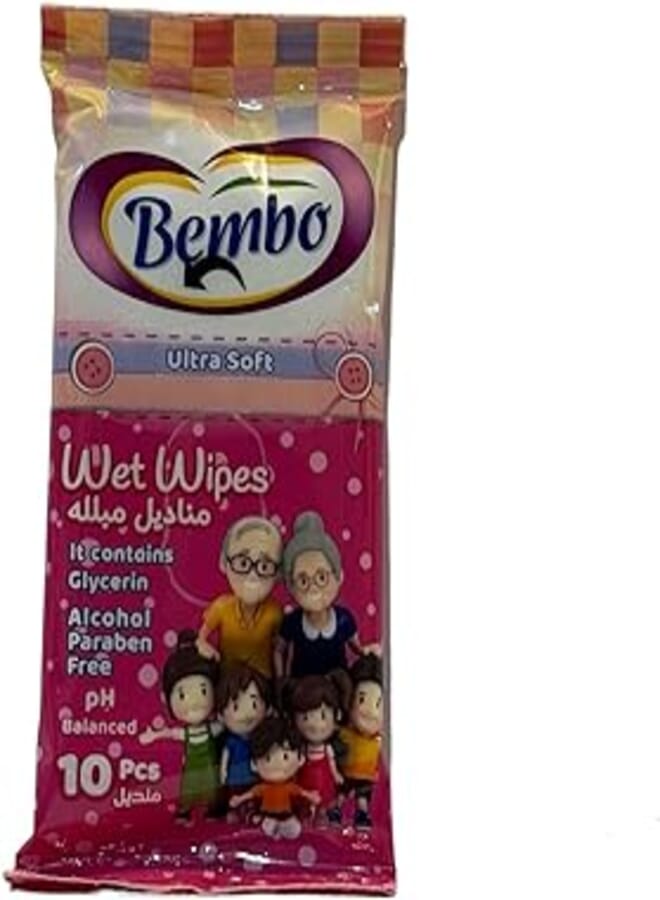 Bembo Wet Wipes Ultra soft -Glycerin -Paraben free PH balanced Pink-10 PCS