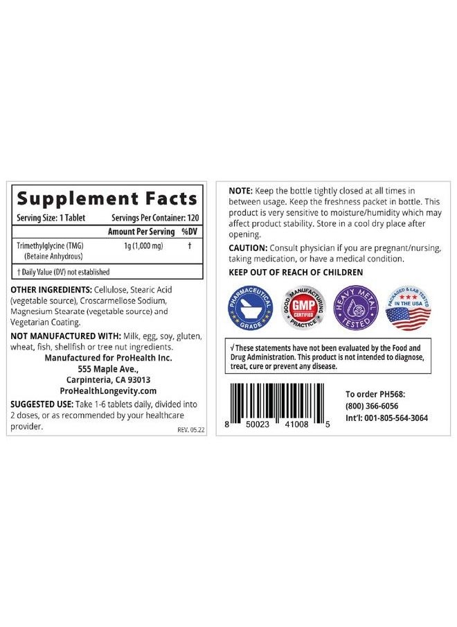 ProHealth - Longevity Tmg Pro (Trimethylglycine) Betaine Anhydrous 1 000 Mg 120 Tablets Methylation Support - Image 1