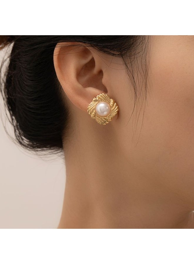 GELESE Exquisite full-zircon large flower-shaped pearl copper plated with 18K gold stud earrings, large earrings, with anti-allergy earring pink design. for girlfriends and lovers. - Image 1
