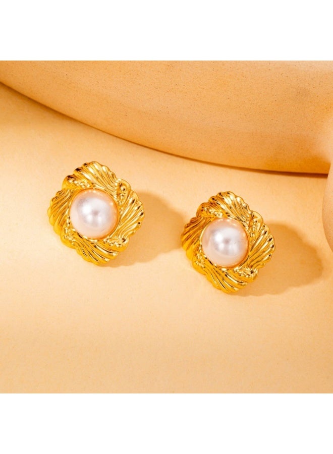 GELESE Exquisite full-zircon large flower-shaped pearl copper plated with 18K gold stud earrings, large earrings, with anti-allergy earring pink design. for girlfriends and lovers. - Image 2