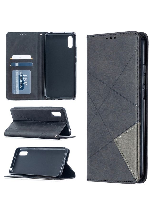 HuHa Case Cover For Xiaomi Redmi 9C Rhombus Texture Horizontal Flip Magnetic Leather Case with Holder & Card Slots Black 