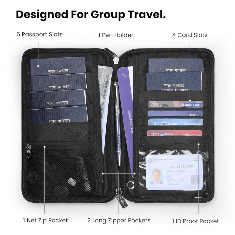 CRALOFT Store Family Passport Cover for Men and Women | 6 Passport Holder Bag & Wallet for Tickets, Cash, Cards, Visa, and Boarding Pass | Luxury Travel Organizer Pouch (Black) - Image 2
