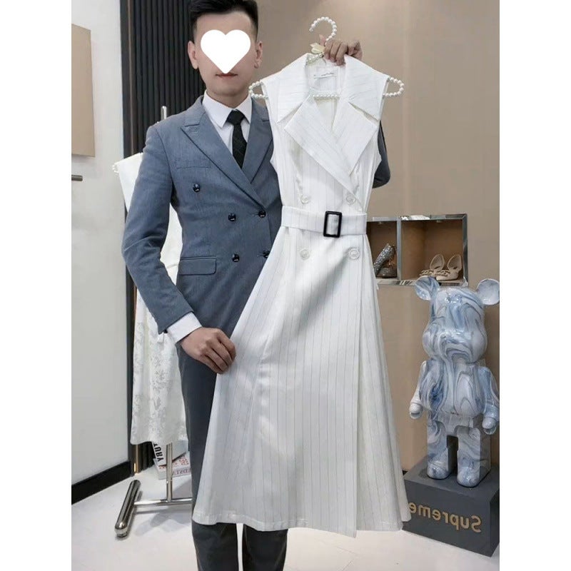 2025 New Summer Goddess Style Classy Elegant Suit Collar Hepburn Style White Stripesd Windbreaker Dress Versatile White striped dress 